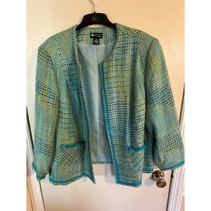 Maggie Barnes Petite 22WP Tweed Open Front Jacket Turquoise Yellow Mermaidcote‎